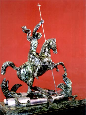 Statue of St. George Slaying the Dragon, by Zurab Tsereteli. The dragon was made of dismantled Russion and American nuclear missiles. 